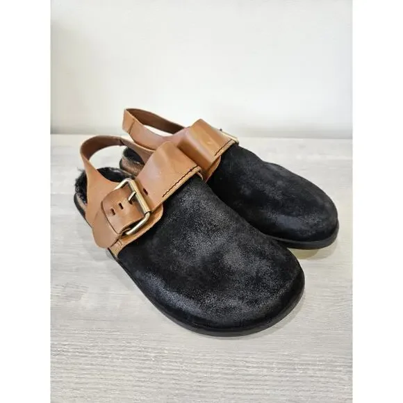 Free People Seattle Slingback Black + Brown Buckle Suede Size 38 US W 7.5 - Picture 1 of 9